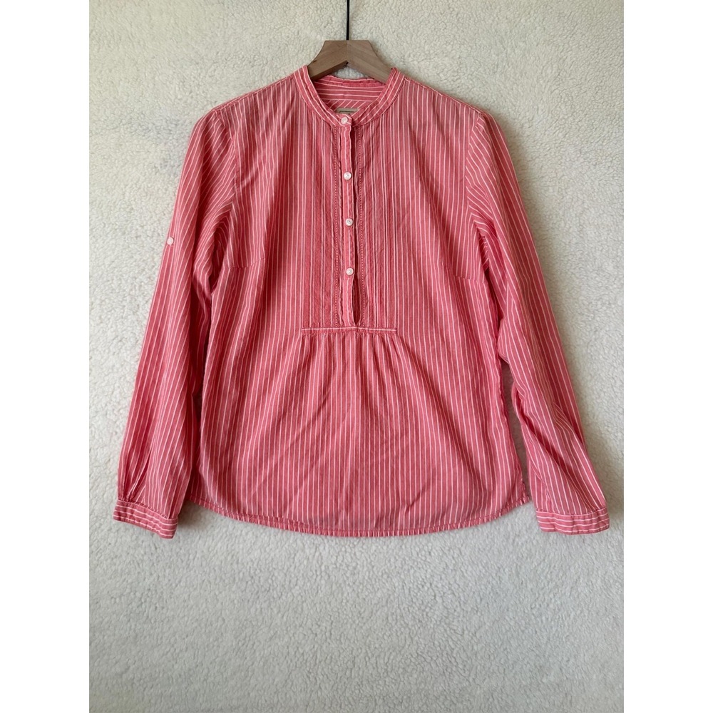 L.L.Bean Shirt Womens Small Pink White Stripe Henley Tunic Long Sleeve Roll Tab